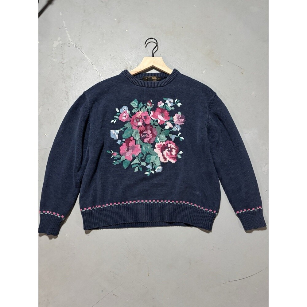 Eddie Bauer Womens Knit Blue Floral FlowerbSweater Jumper Size Large Vintage 90s